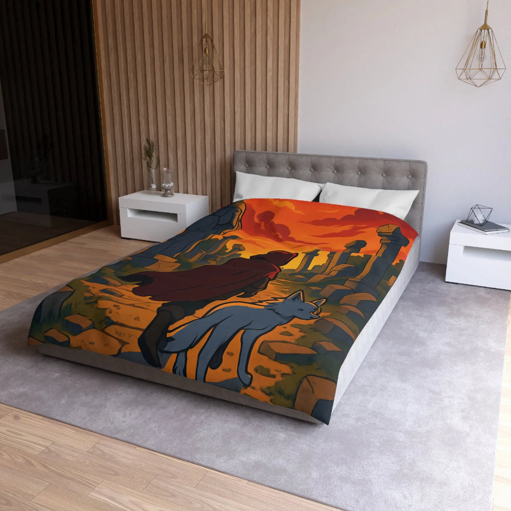 Housse de Couette Enfant Rouge et Blanc, Chemin Énigmatique du Crépuscule, Statue Mystérieuse