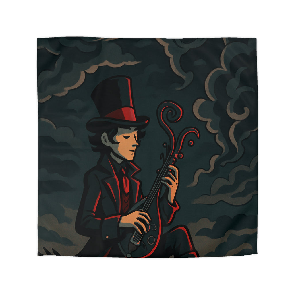 Mystérieuse silhouette avec chapeau haut-de-forme jouant d'un luth sous ciel orageux nocturne