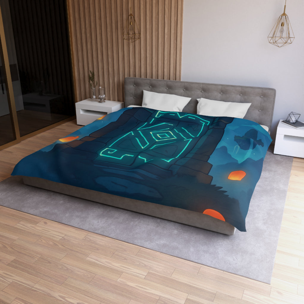 Housse de couette mystérieuse avec portail magique et lanternes flottantes sous ciel étoilé