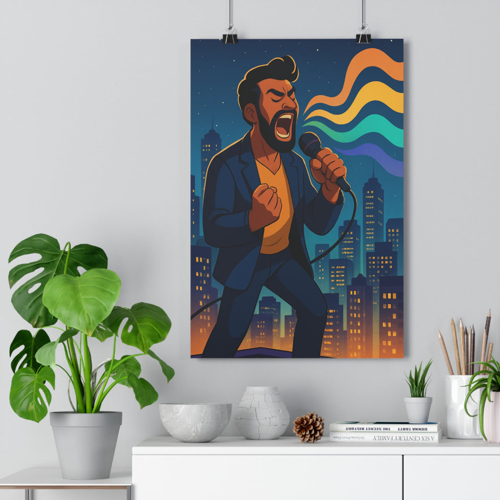 Poster décoratif chanteur urbain cartoon bleu orange violet salon moderne dynamique musique tendance ambiance