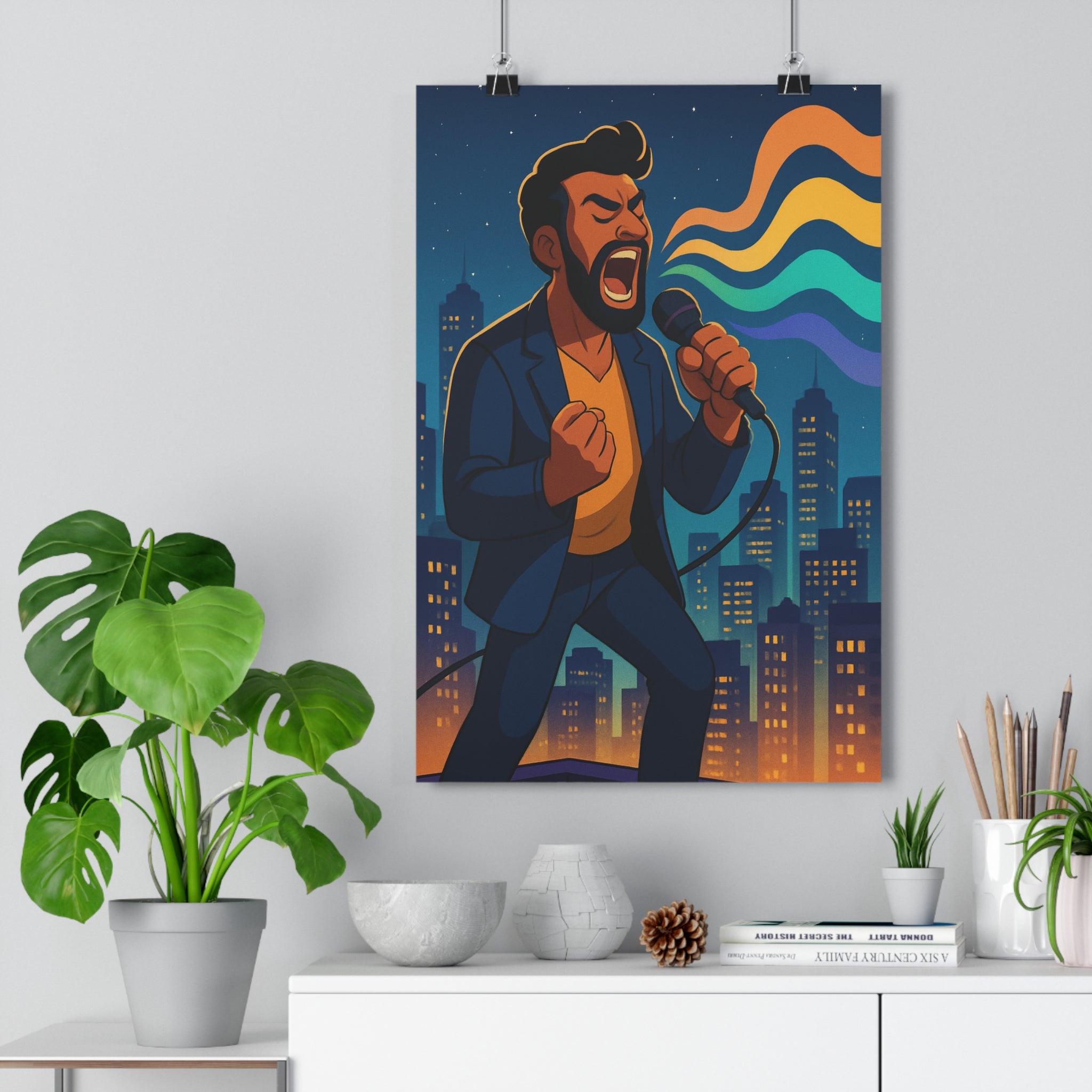 Poster décoratif chanteur urbain cartoon bleu orange violet salon moderne dynamique musique tendance ambiance