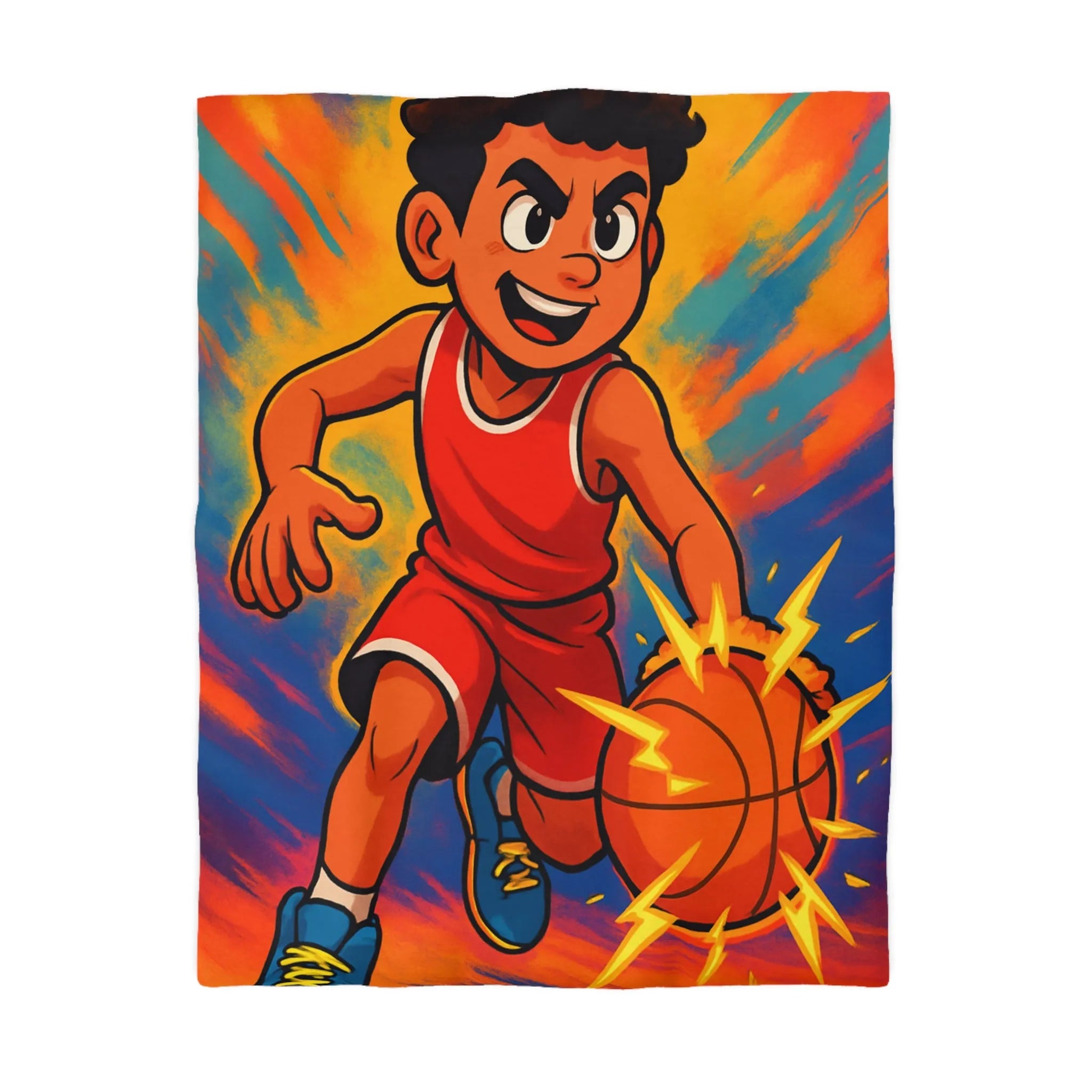 Couette Basketball Dynamique Colorée avec Enfant en Action Rétro Éclaboussures Électriques