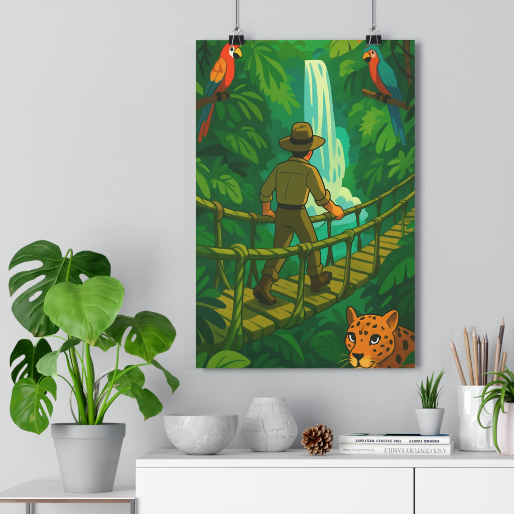 Poster décoratif aventure jungle vert rouge bleu cartoon exotique salon chambre explorateur cascade perroquet