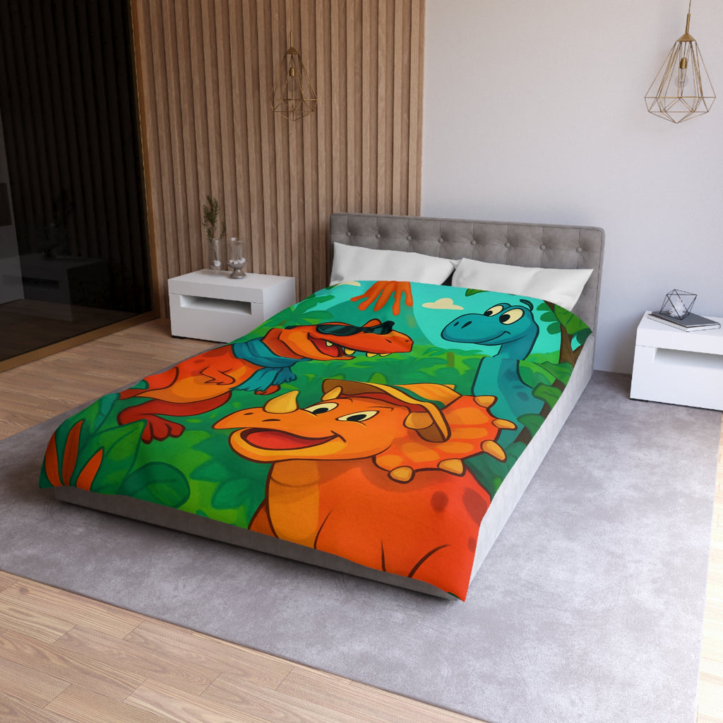 Housse de couette pour enfants avec dinosaures joyeux dans une jungle colorée et ludique