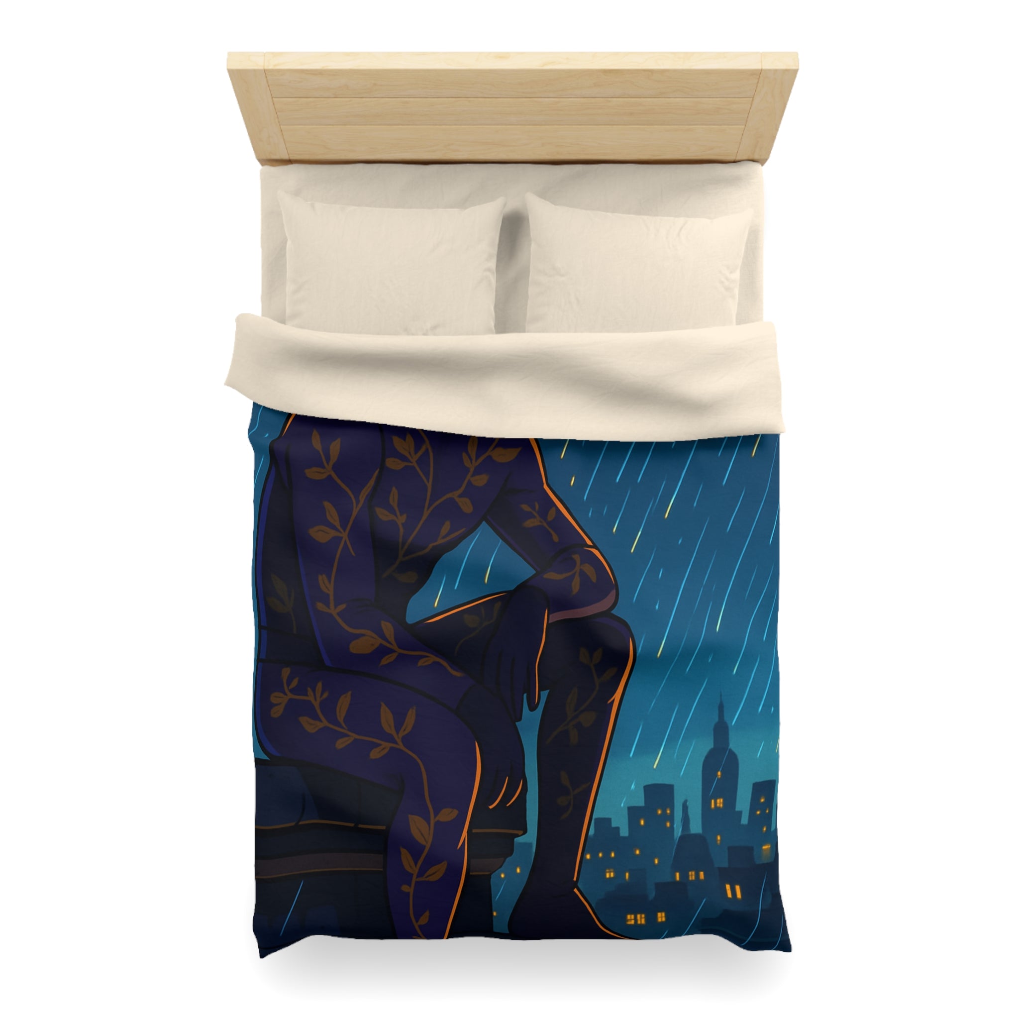 Housse de couette violette avec super-héros mystérieux sous la pluie nocturne colorée