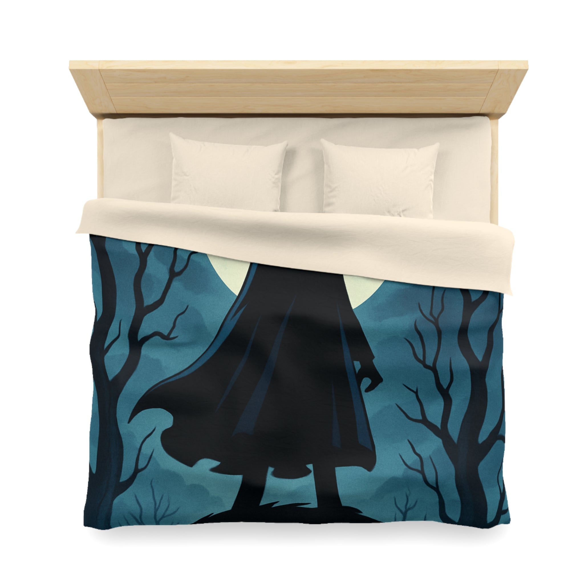 Plongez dans une scène nocturne mystérieuse avec silhouette et hibou sous lune pleine