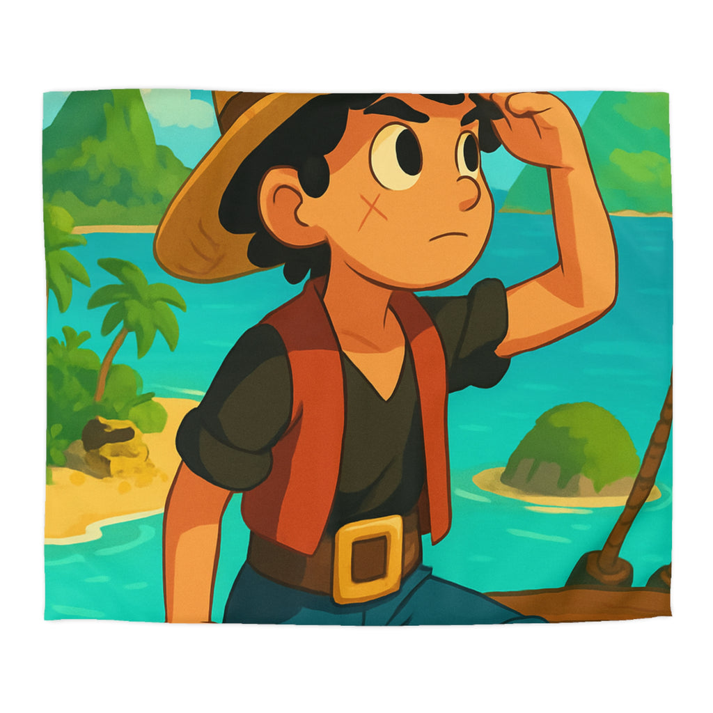 Housse de couette tropicale enfant avec pirate aventurier sur fond d'île paradisiaque