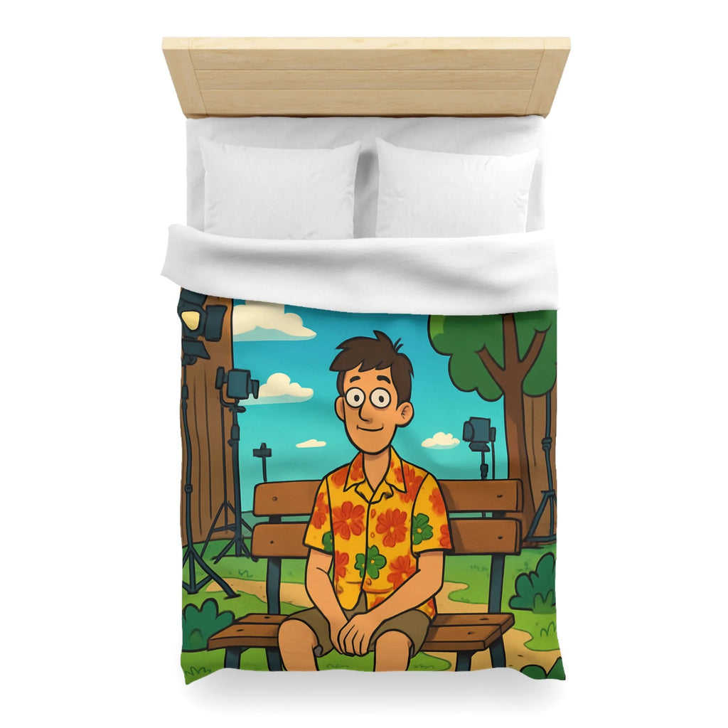 Housse de couette amusante avec motif de banc, homme et oiseaux volants