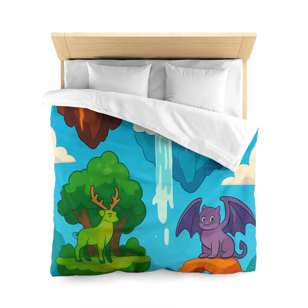 Housse de couette fantasy avec îles flottantes et créatures magiques colorées