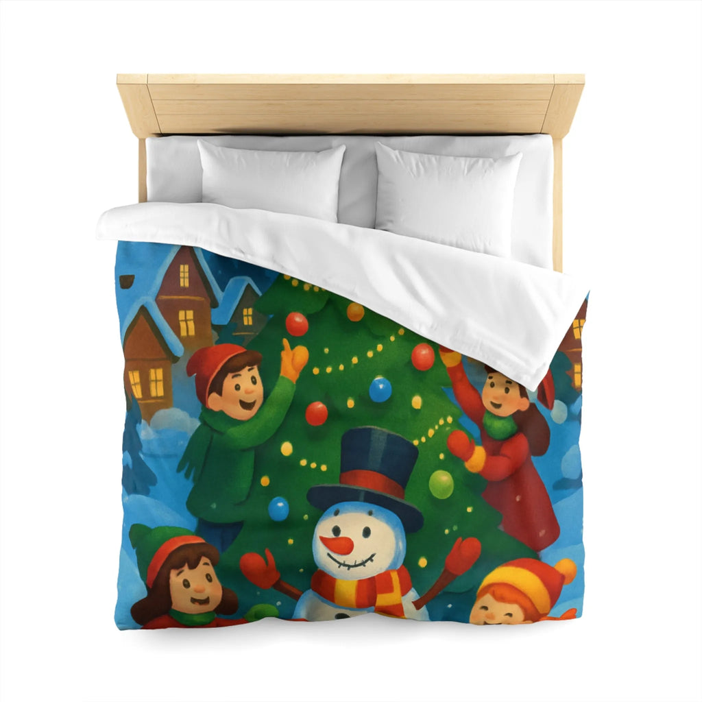 Housse de couette enfants scène festive avec bonhomme de neige et aurore boréale lumineuse