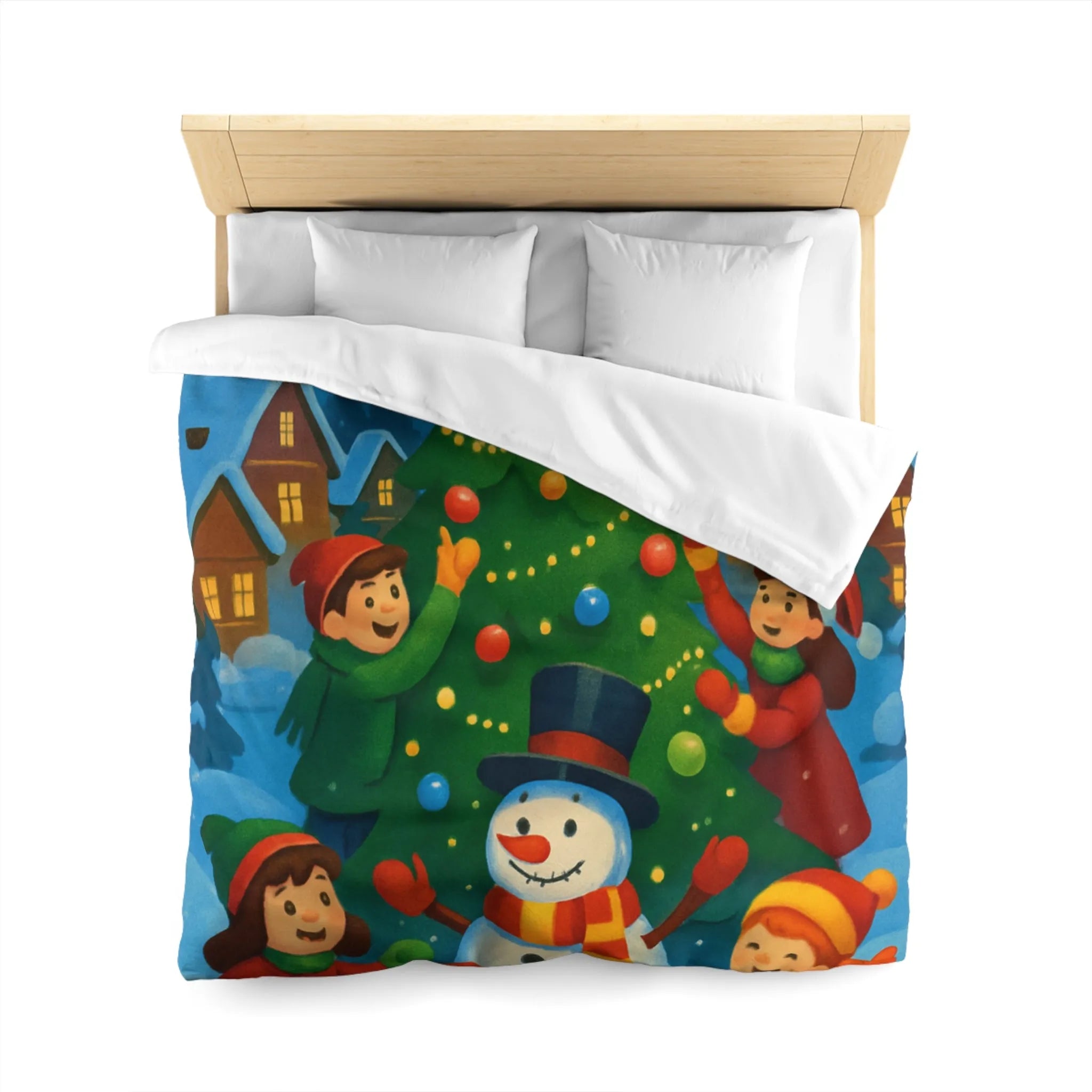 Housse de couette enfants scène festive avec bonhomme de neige et aurore boréale lumineuse
