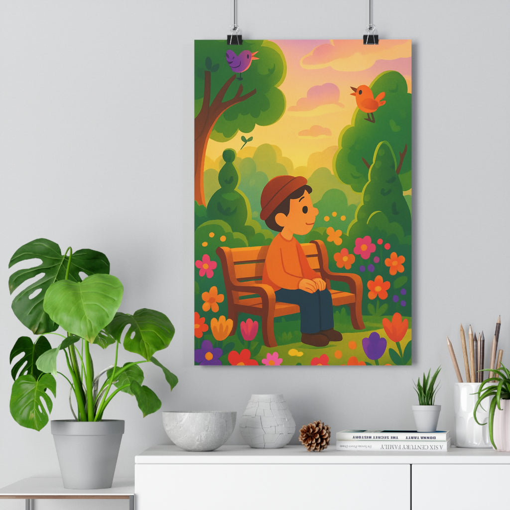 Poster décoratif jardin coloré illustration joyeuse fleurs oiseaux violet orange salon chambre 30x46 cm