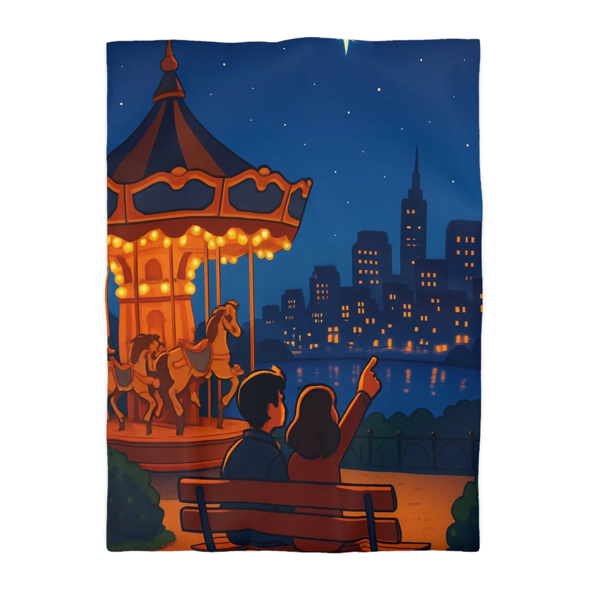 Housse de couette céleste avec carrousel lumineux et paysage urbain étoilé