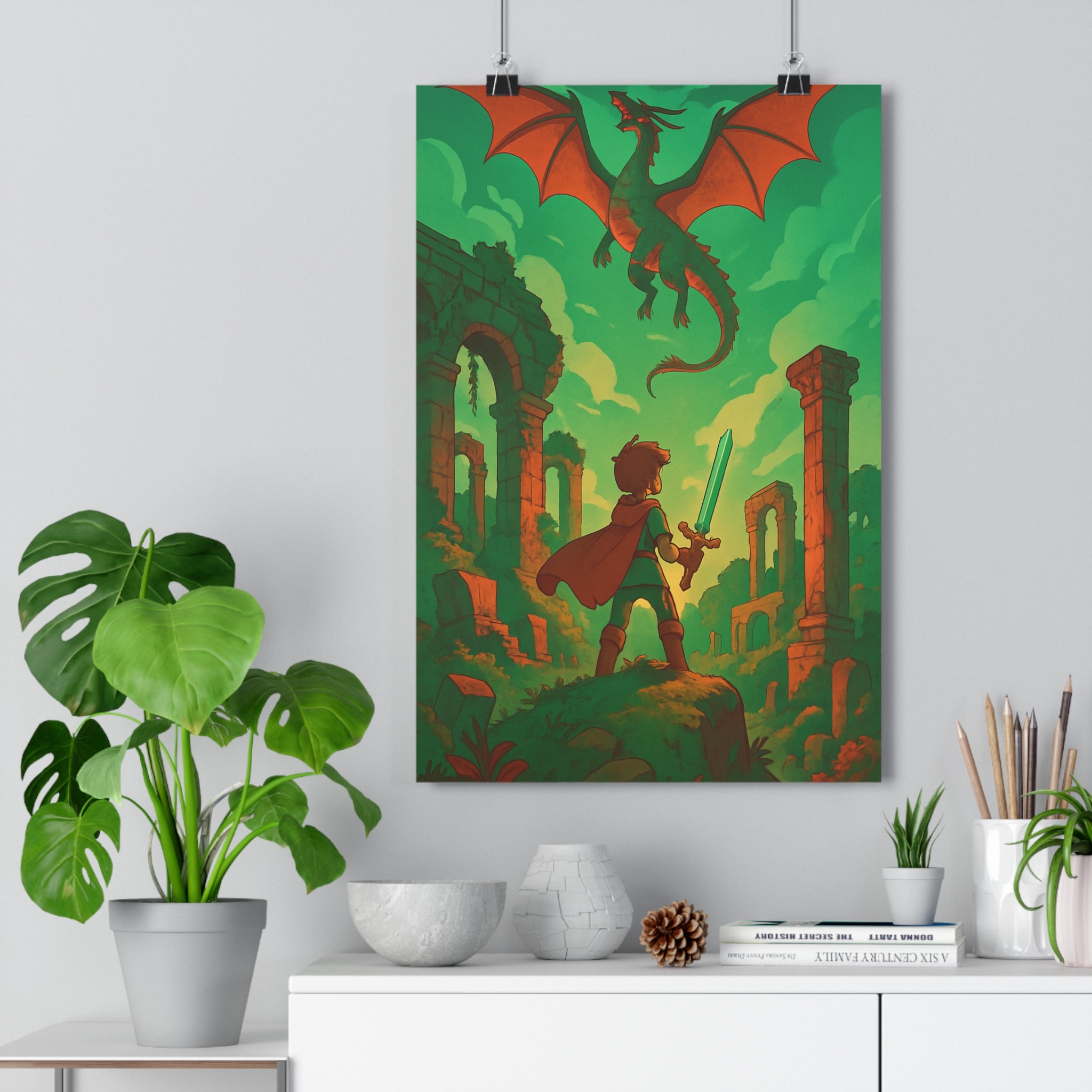 Poster décoratif anime épique dragon guerrier épée mystique couleurs vives chambre salon bureau ambiance