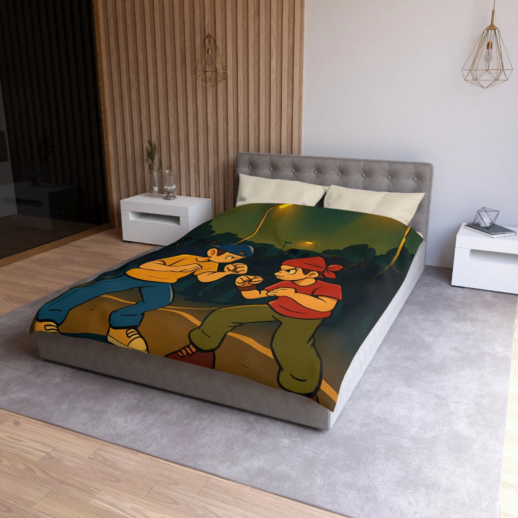 Housse de couette avec illustration urbaine de deux boxeurs sous lampadaires la nuit