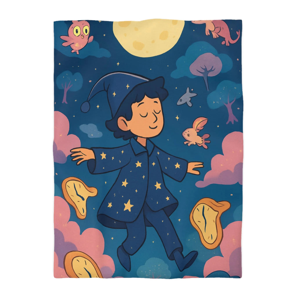Housse de couette magique avec sorcier enfant rêvant de créatures volantes lunaires
