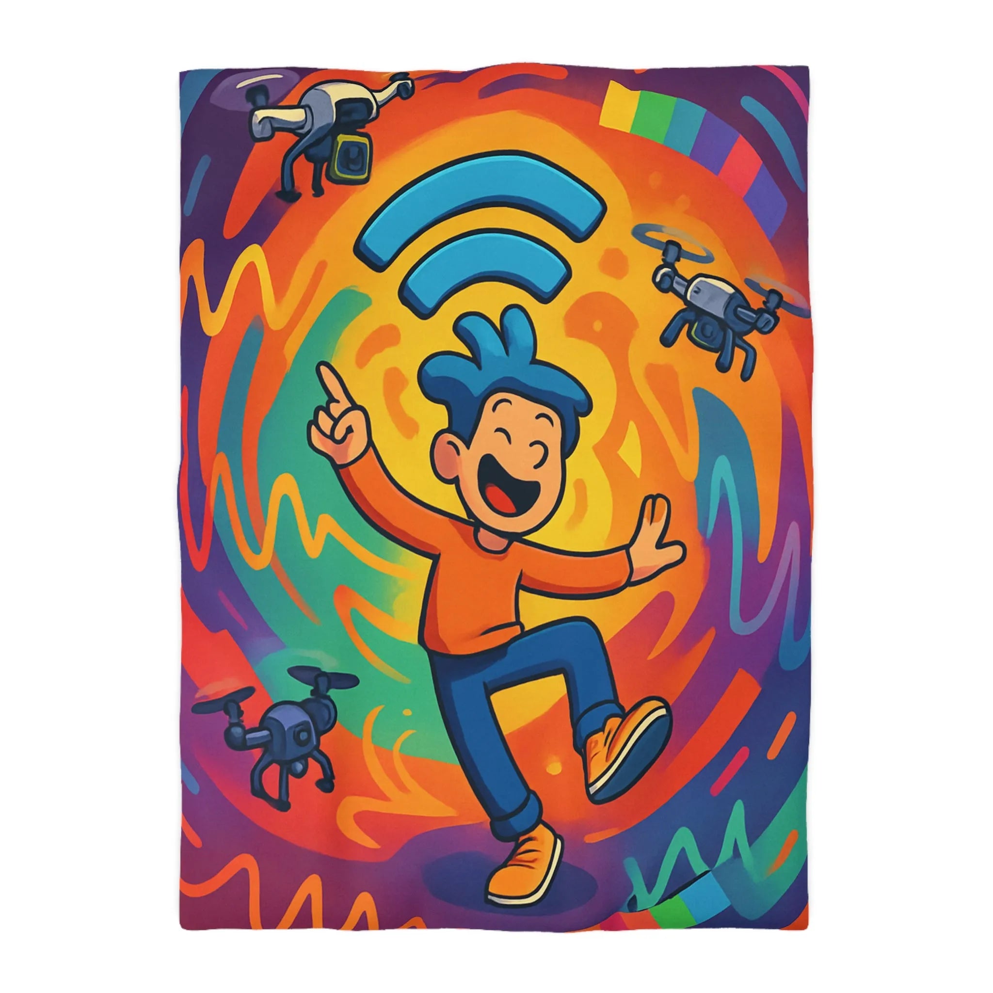 Housse de couette colorée avec personnage joyeux et drones volants autour des ondes