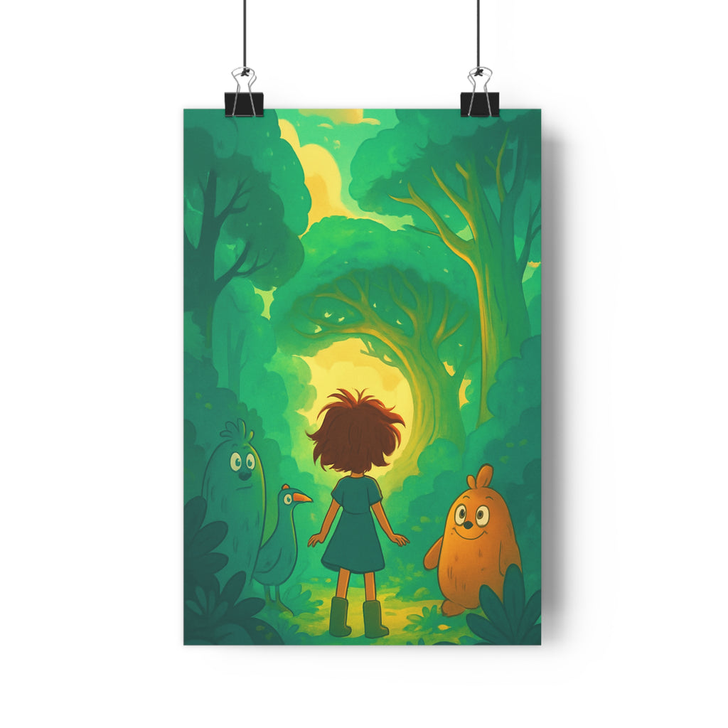 Poster décoratif enchanté vert jaune forêt mystique enfant créatures rêveur cartoon chambre animé chaleureux