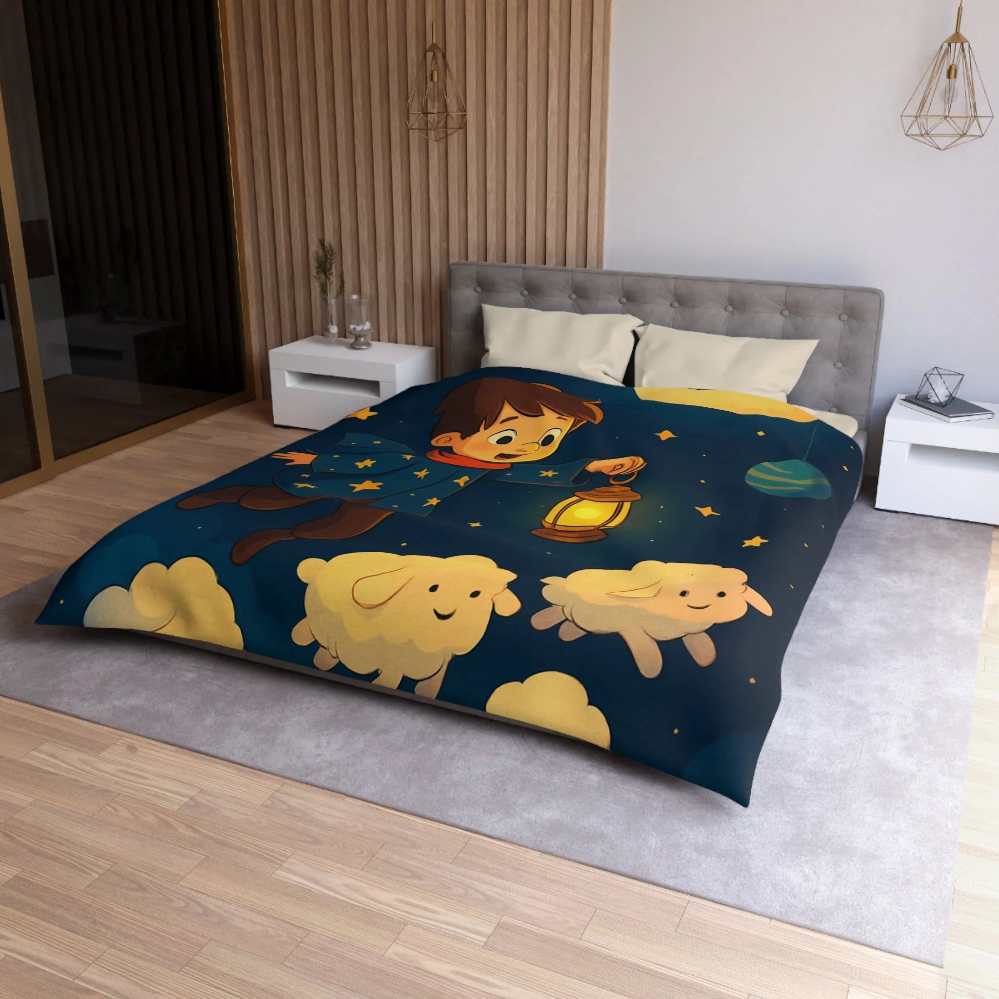 Housse de couette enfant rêveur avec étoiles, lune et moutons volants mignons