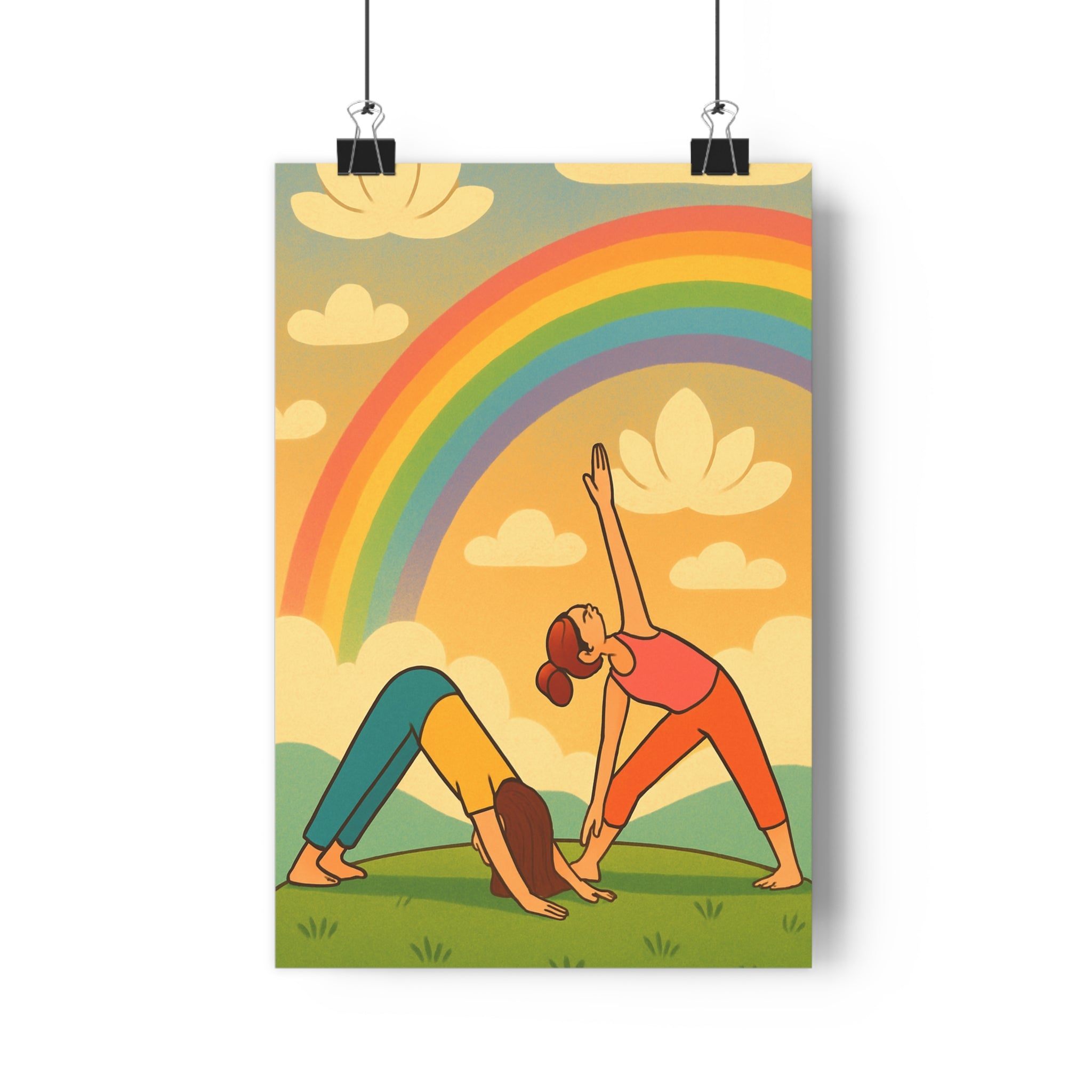 Poster décoratif cartoon pastel yoga harmonieux salon méditation couleurs ciel vert arcenciel 30x46 qualité