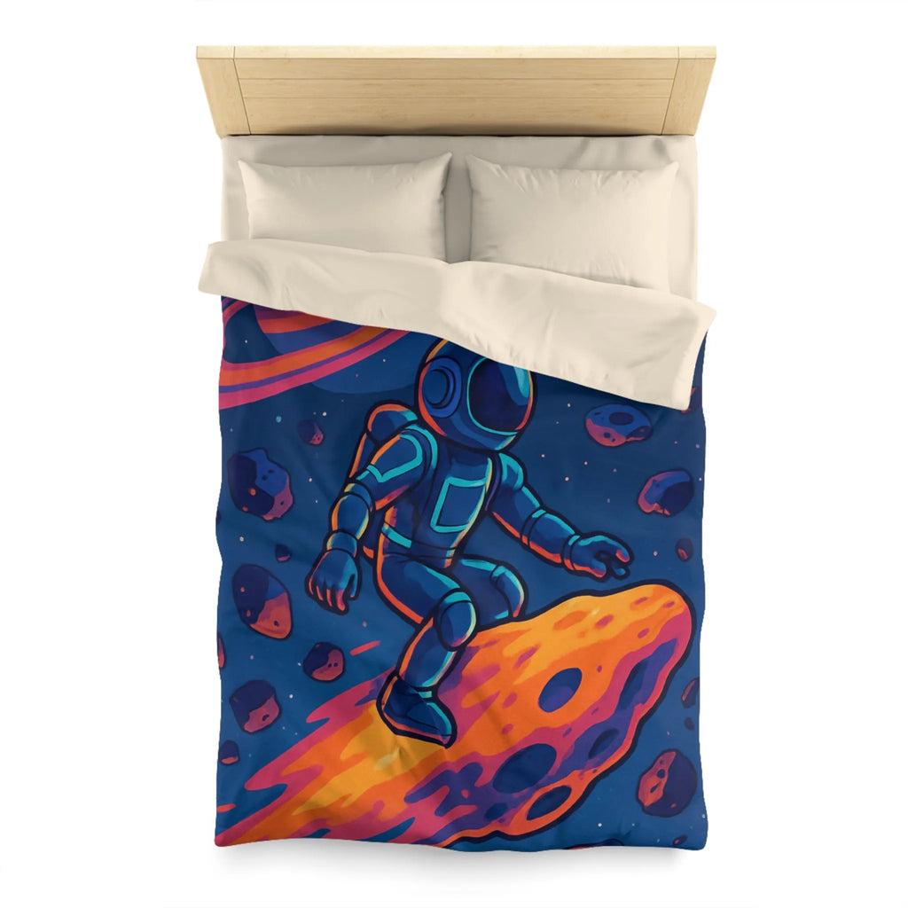 Aventure spatiale colorée avec astronaute sur météore, planète anneau et vaisseaux futuristes