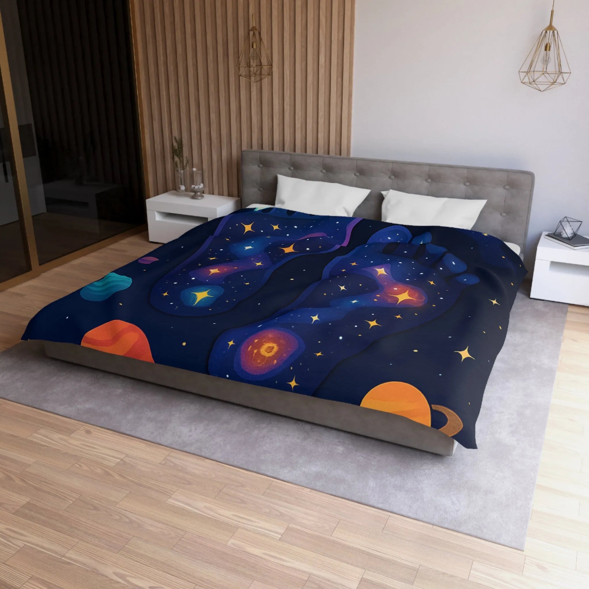 Housse de Couette Cosmos Enchanté avec Motifs de Pieds Galactiques Étincelants et Planètes