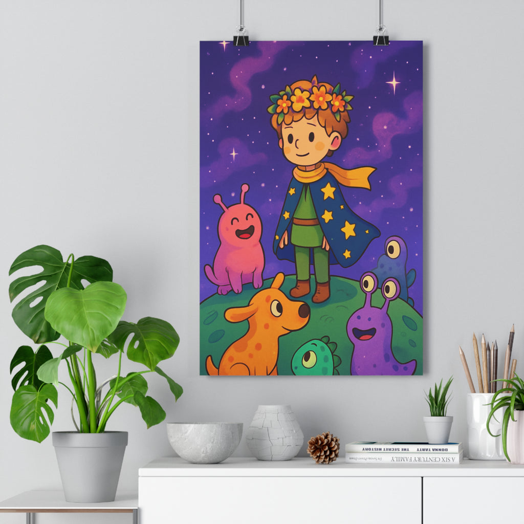 Poster décoratif fantastique enfant joyeux coloré violet rose chambre aventure créatures cape étoilé planète