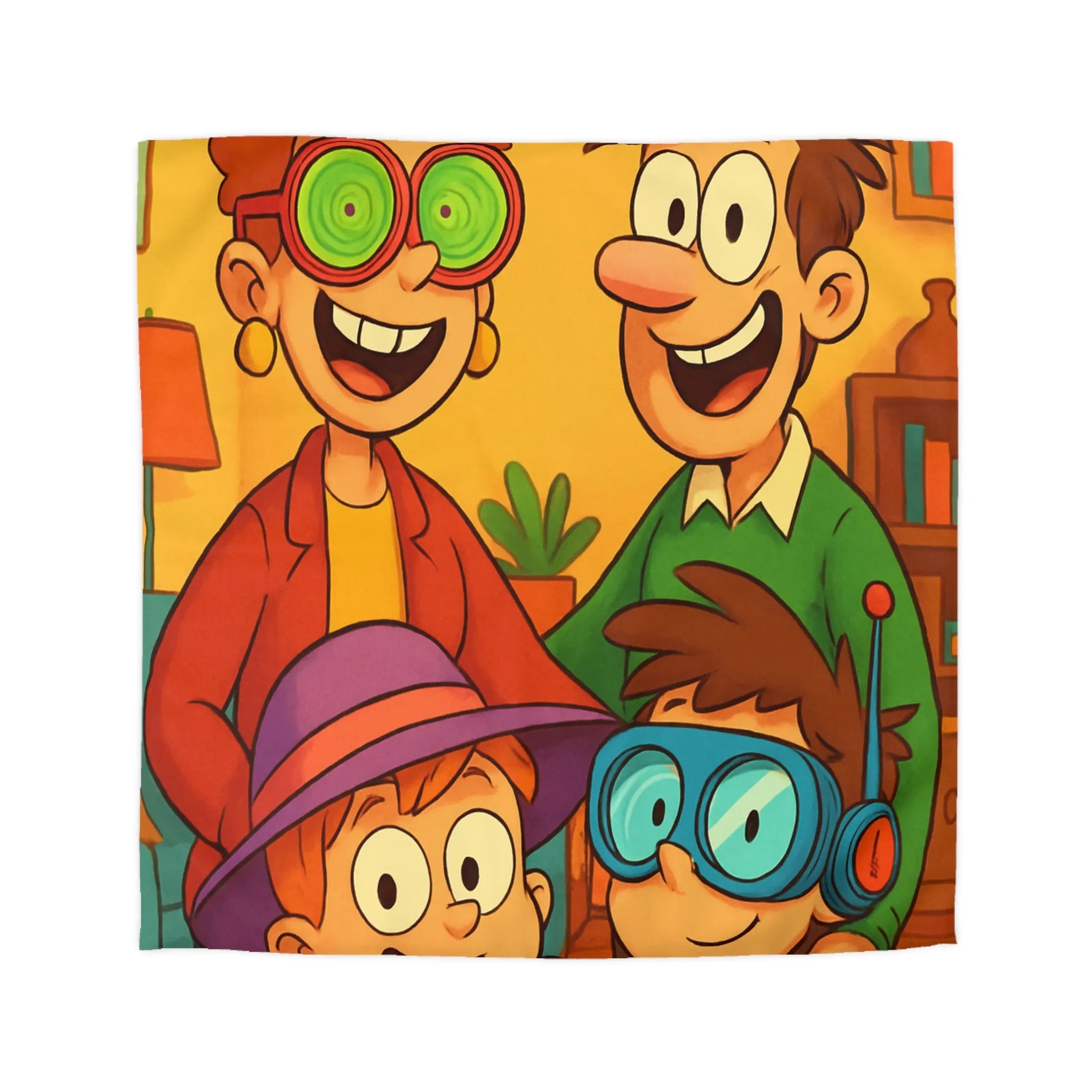 Housse de couette joyeuse avec une famille amusante et colorée, lunettes originales