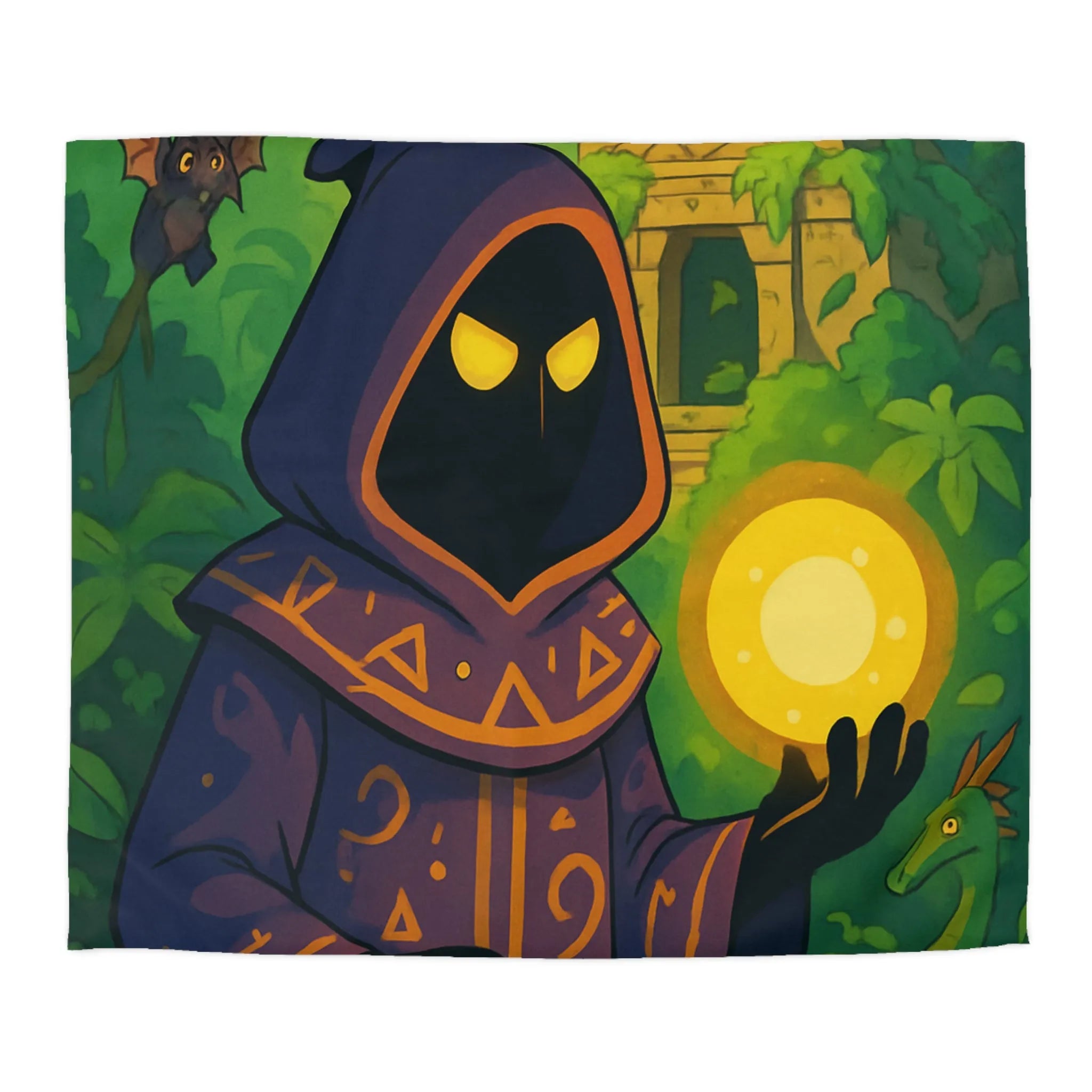 Housse de couette ambiance mystique avec mage sombre dans jungle énigmatique et temple ancien