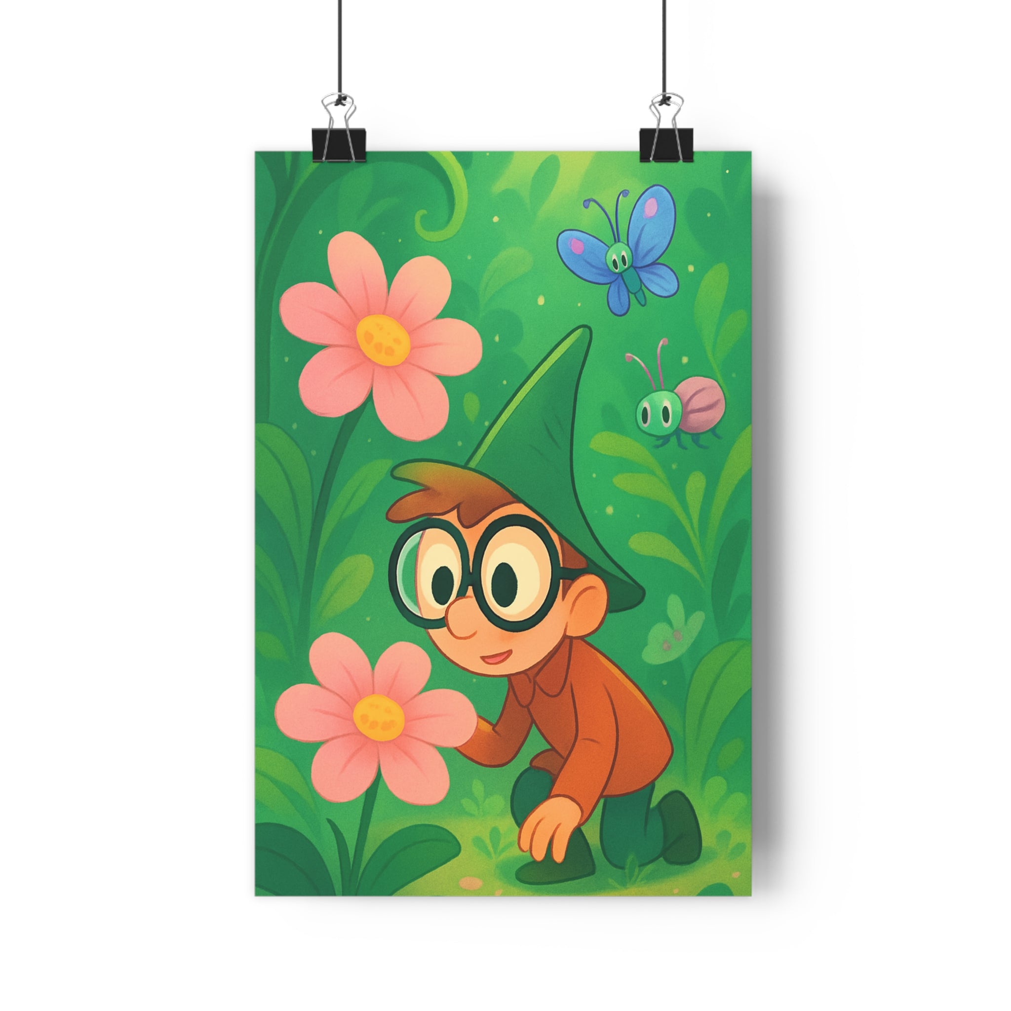 Poster décoratif cartoon féérique vert rose joyeux enchanté chambre enfant magique botanique papillon créature