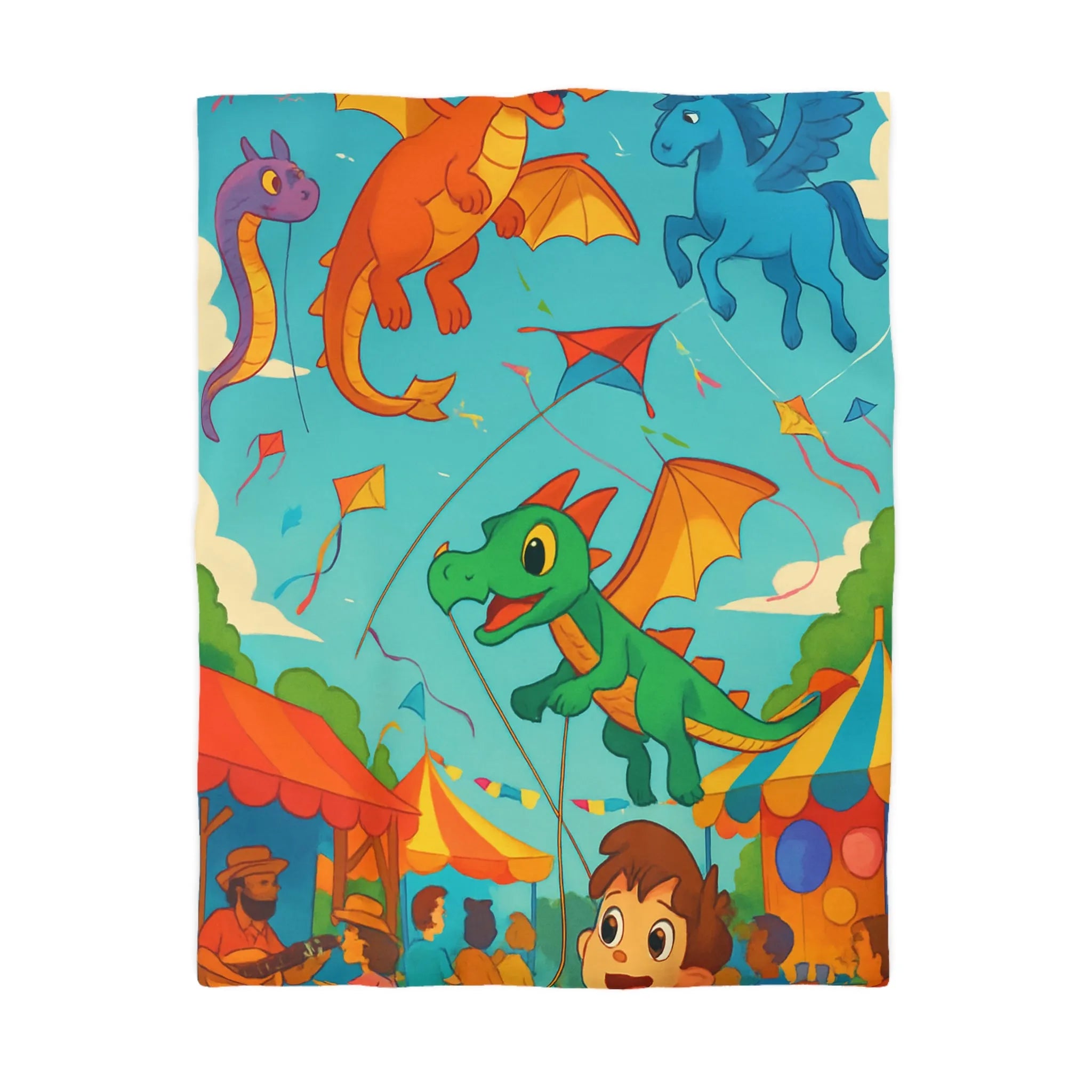 Envolée de cerfs-volants dragons et licorne sous un ciel bleu auberge festival