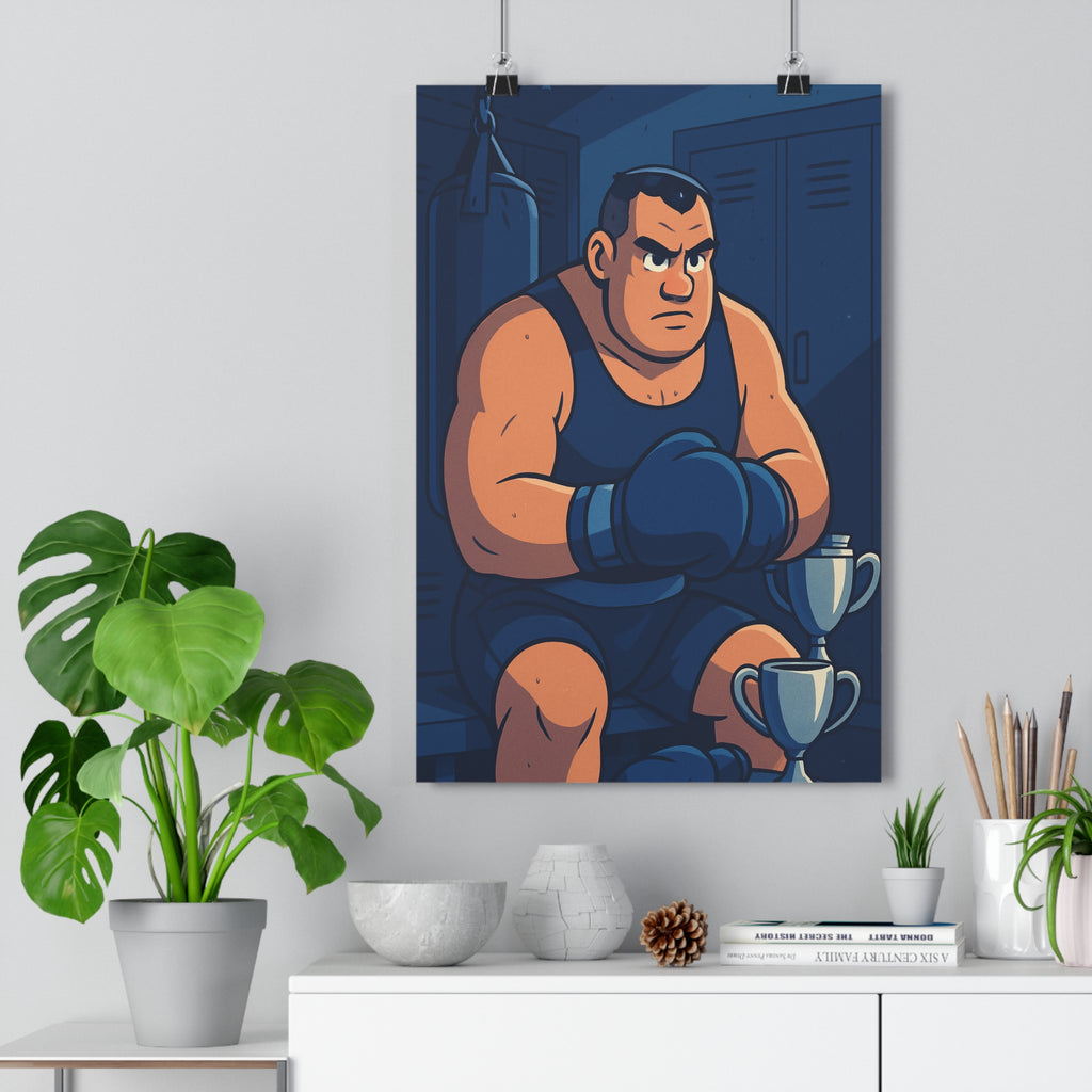 Poster décoratif boxeur cartoon bleu beige concentration motivation salle sport format 30x46 calme élégant