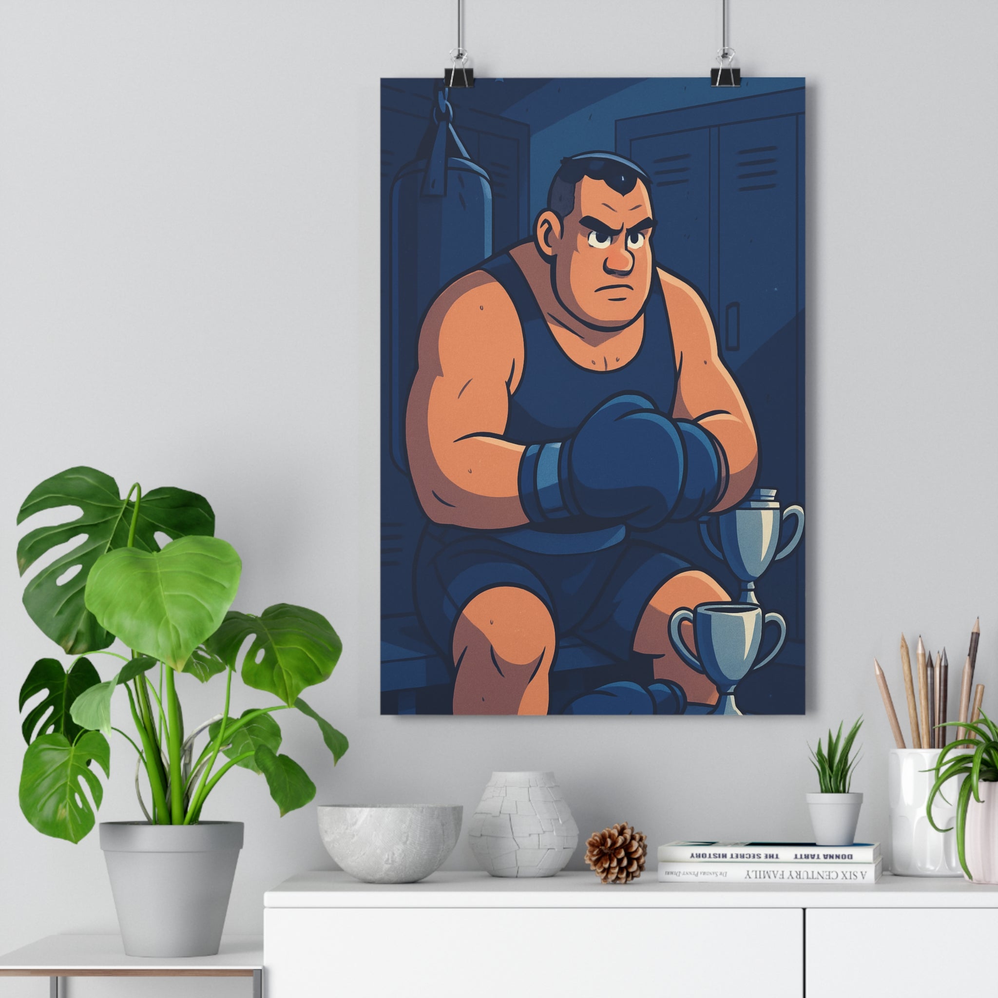 Poster décoratif boxeur cartoon bleu beige concentration motivation salle sport format 30x46 calme élégant