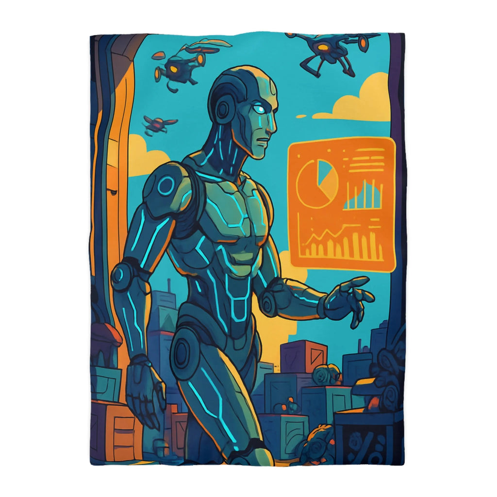 Housse de couette futuriste avec robot et drones, couleurs vives et graphiques modernes