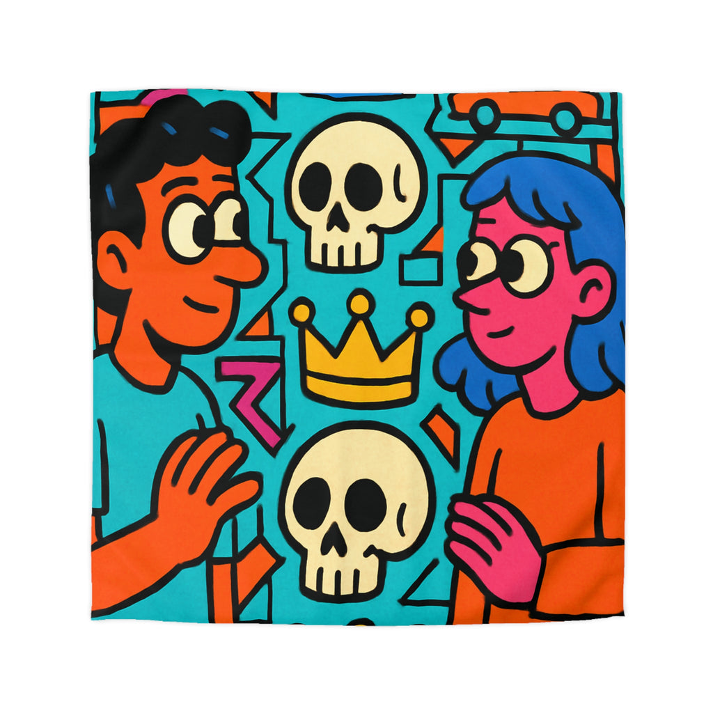 Housse de Couette Pop Art Colorée avec Crânes, Couronnes et Personnages Amusants