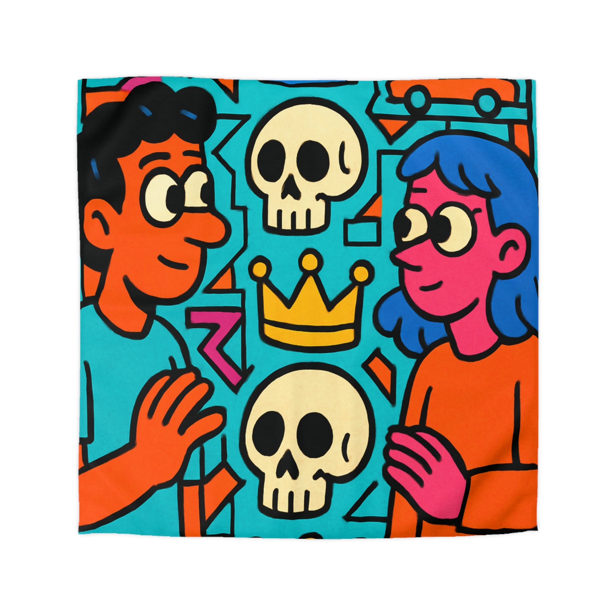 Housse de Couette Pop Art Colorée avec Crânes, Couronnes et Personnages Amusants