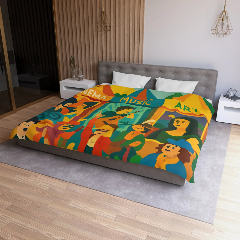 Housse de couette colorée avec motifs cinéma, musique et art, ambiance festive bohème