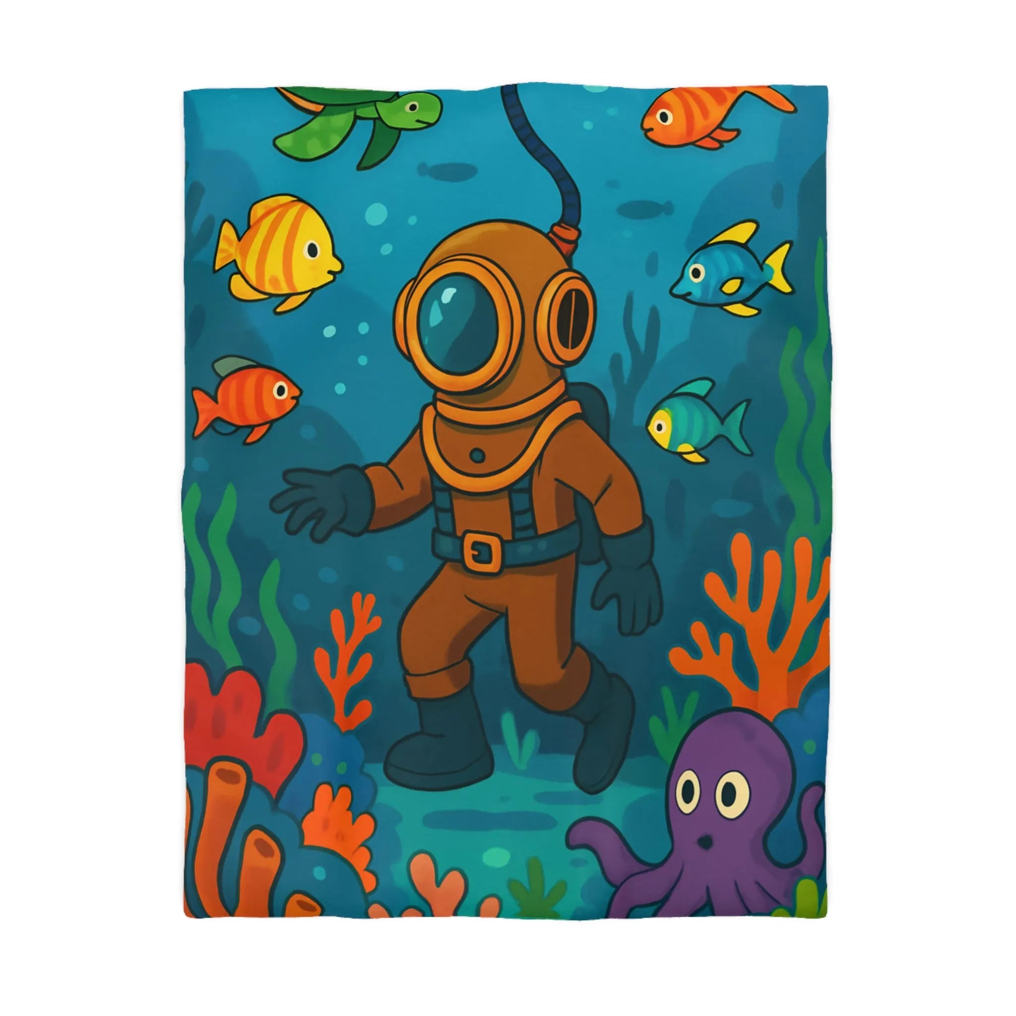 Housse de Couette avec Plongée Vintage Charmante et Animaux Marins Colorés pour Enfants