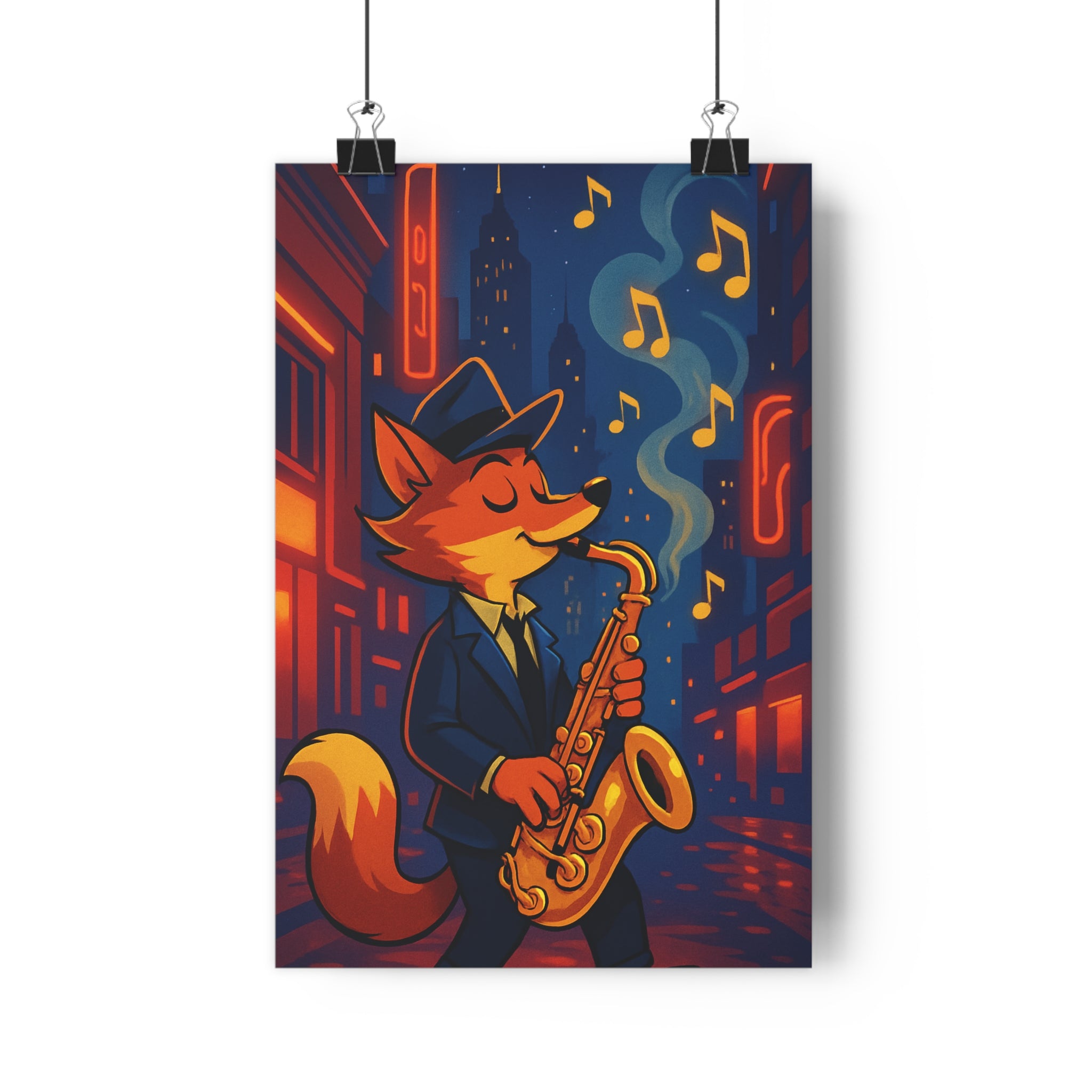 Poster décoratif urbain jazz renard saxophone bleu rouge lumineux nocturne salon moderne vibrant ambiance