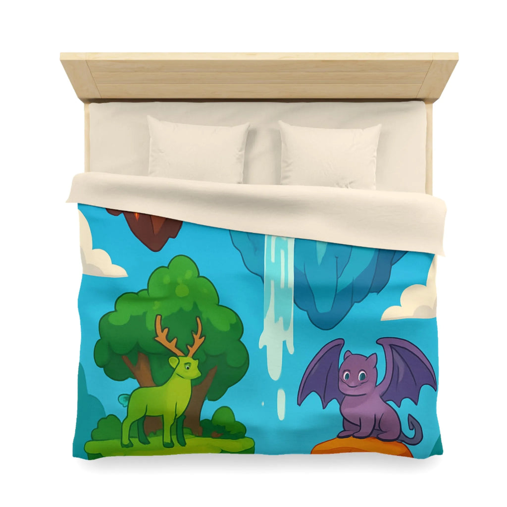 Housse de couette fantasy avec îles flottantes et créatures magiques colorées