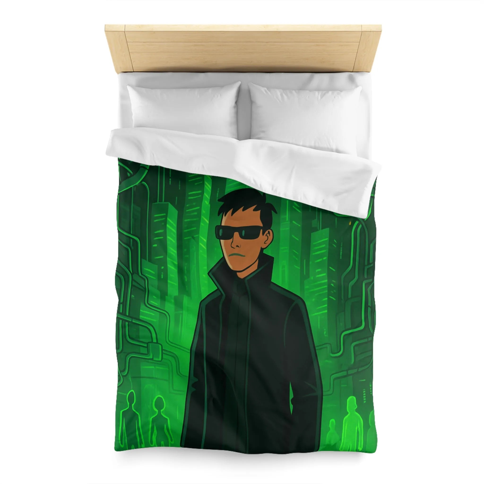 Housse de couette design futuriste vert avec motif personnage et ville numérique