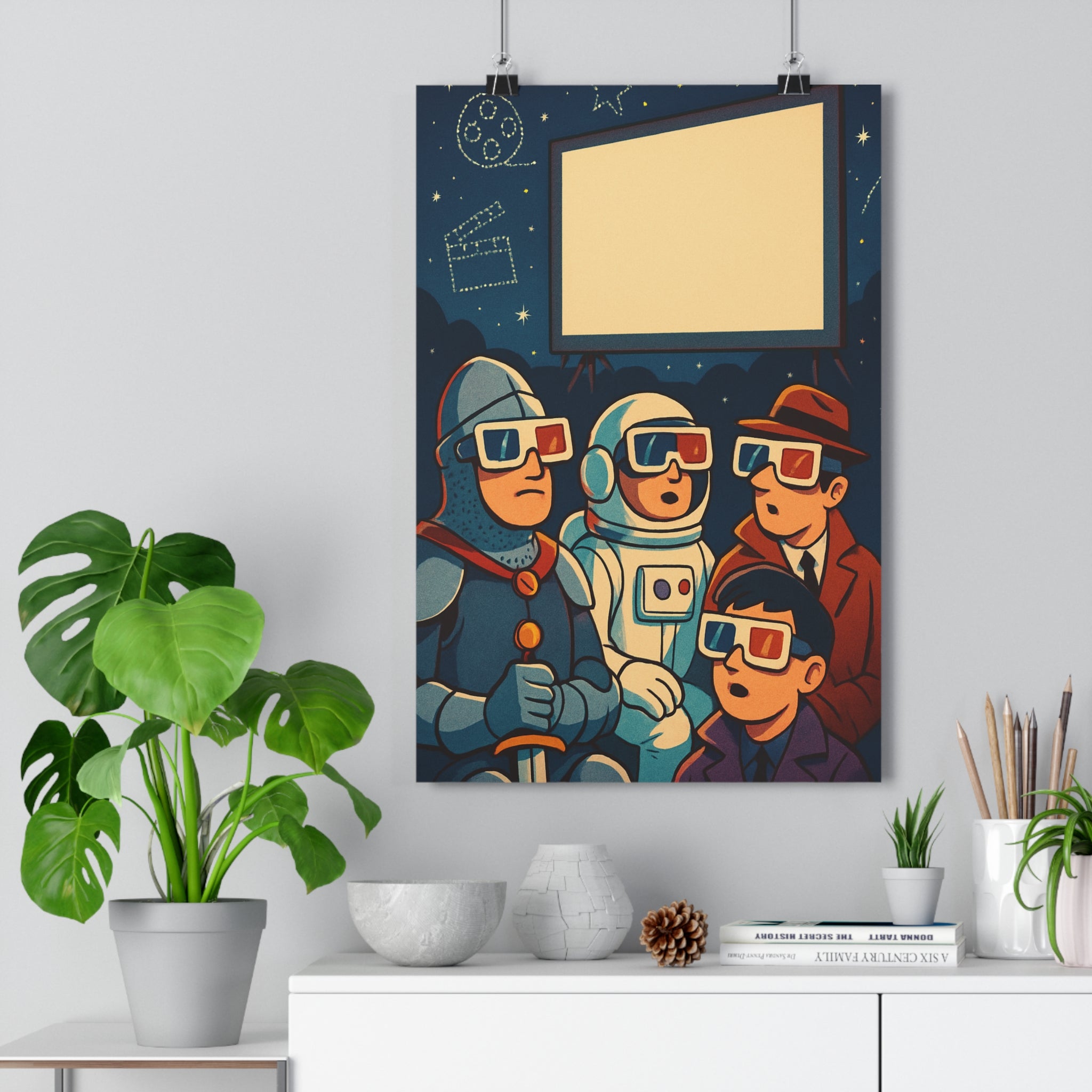 Poster décoratif cinématographique rétro bleu marron épique salon chevalier astronaute spectacle scène unique ambiance