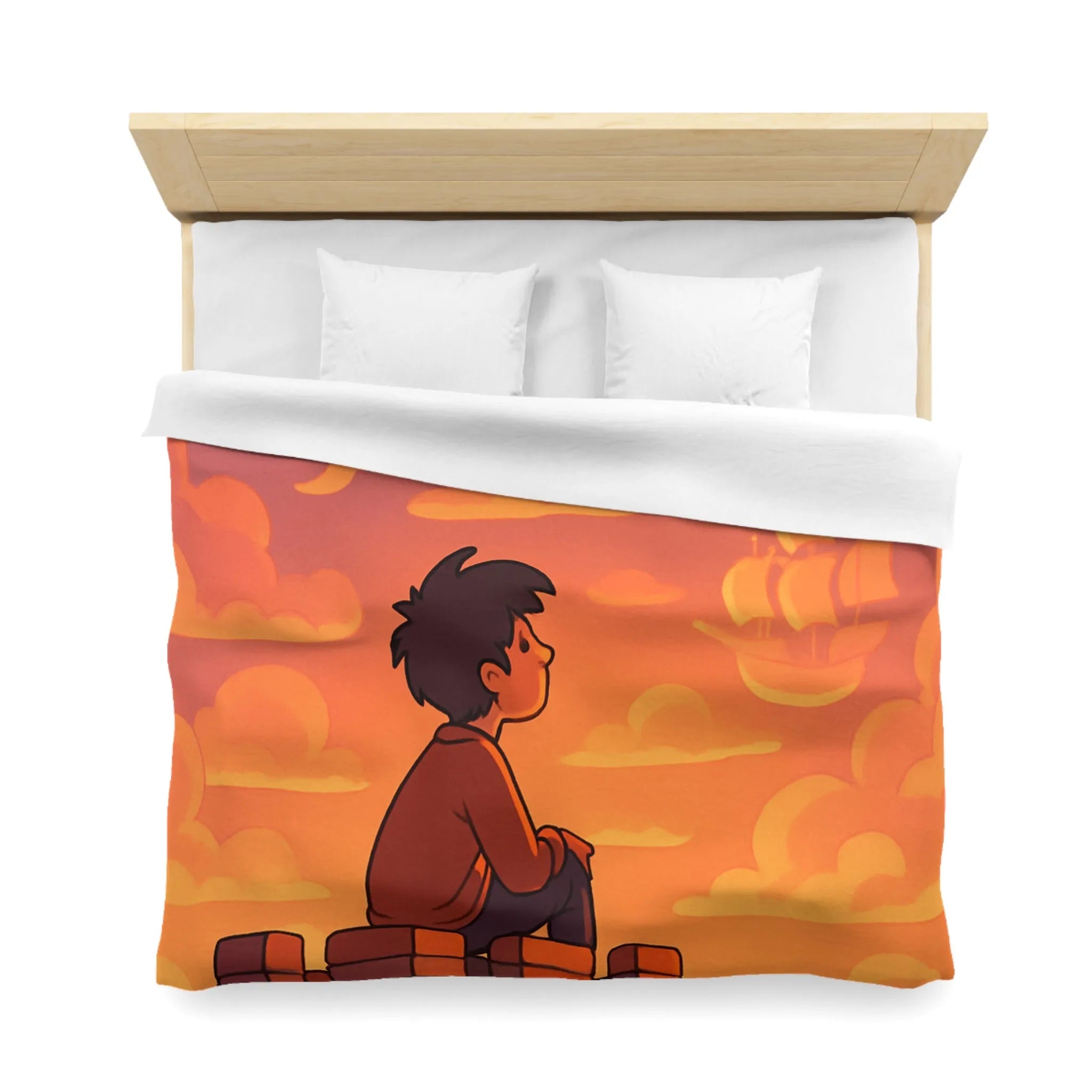 Housse de couette fantastique avec château, dragon et nuages pour enfants rêveurs