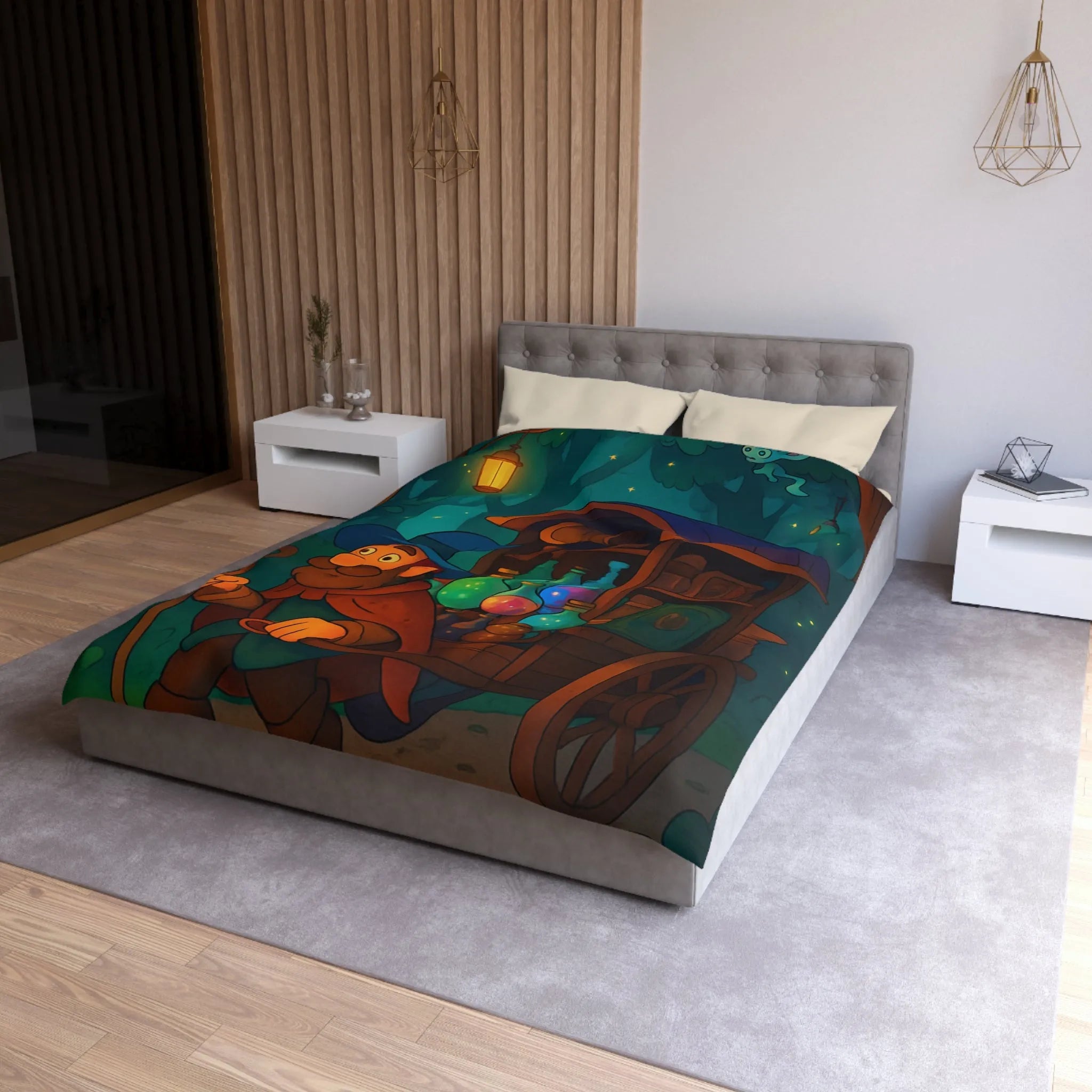 Housse de couette enchantée avec chariot de potions et créatures fantastiques