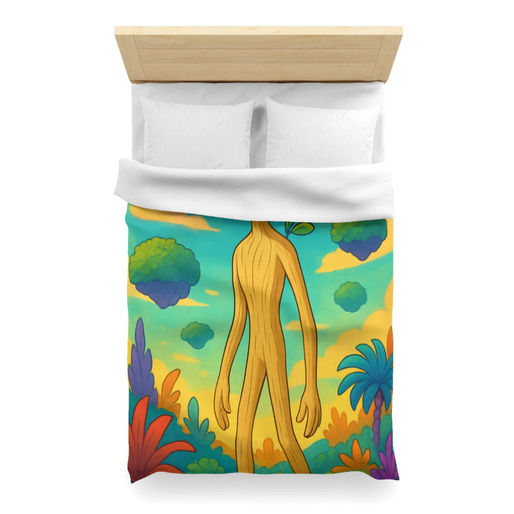 Housse de couette enchanteresse avec paysage coloré, créature en bois et papillons