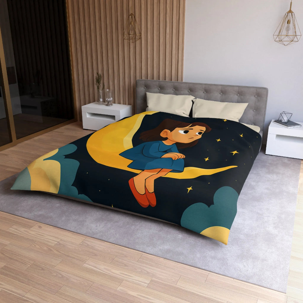 Housse de couette avec lune jaune, ciel étoilé et fille pensive en bleu