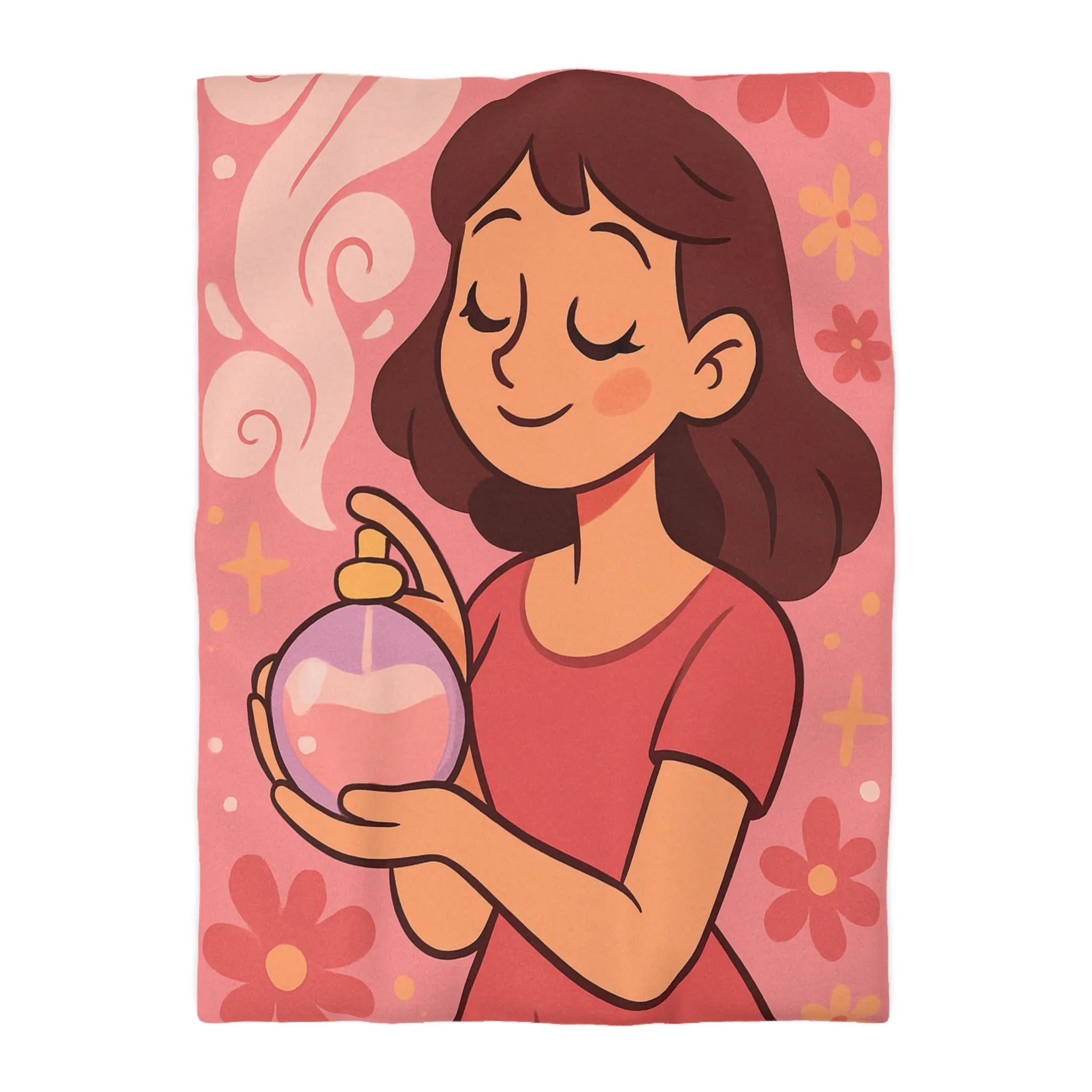 Housse de couette illustration parfum avec femme souriante tenue bouteille contre fond rose