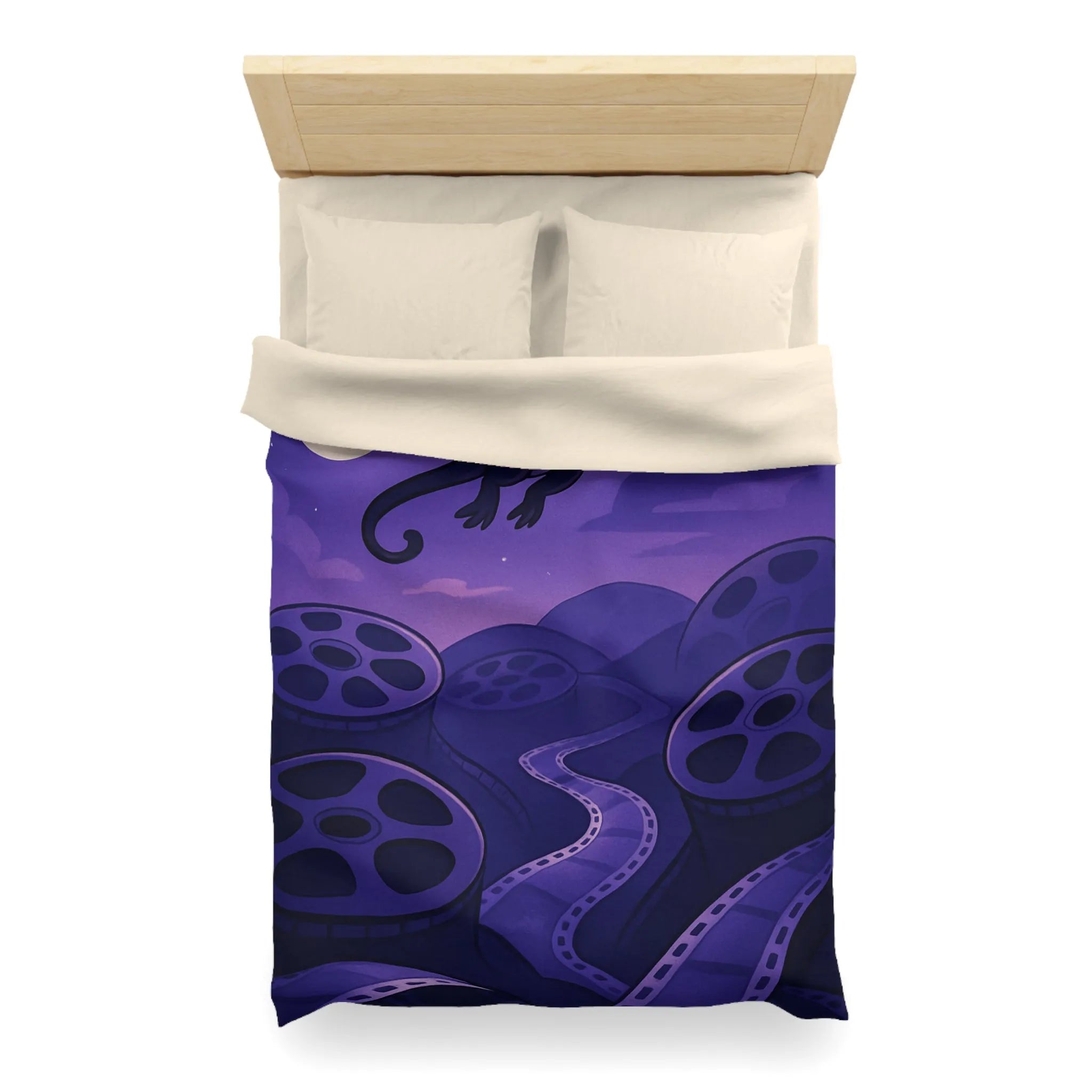 Housse de Couette avec Motif de Dragon et Bobines de Film sous Ciel Lunaire