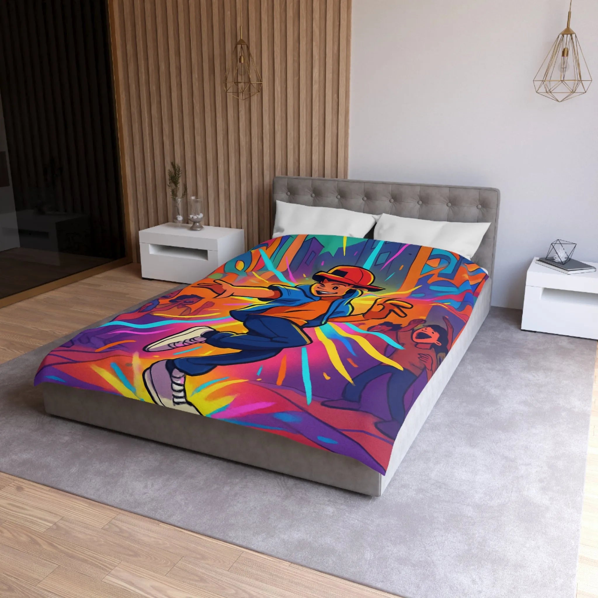 Housse couette street dance couleur vive, ambiance urbaine, dessin dynamique jeune garçon joyeux