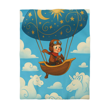 Housse de Couette Fantastique Enfantine avec Montgolfière et Licornes en Nuages